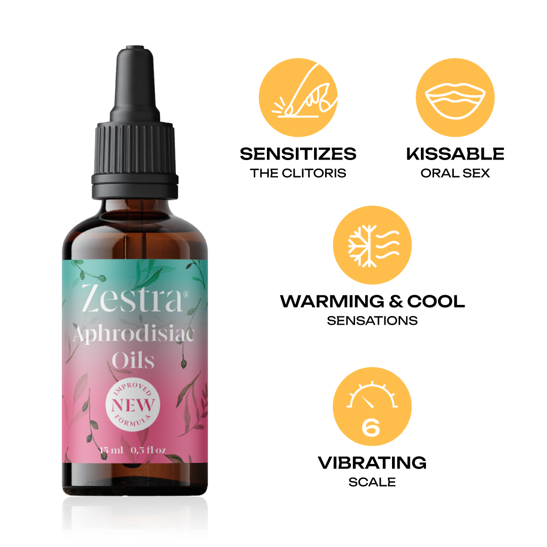 Zestra Aphrodisiac Oils bottle with icons for warming, lips, and a gauge.