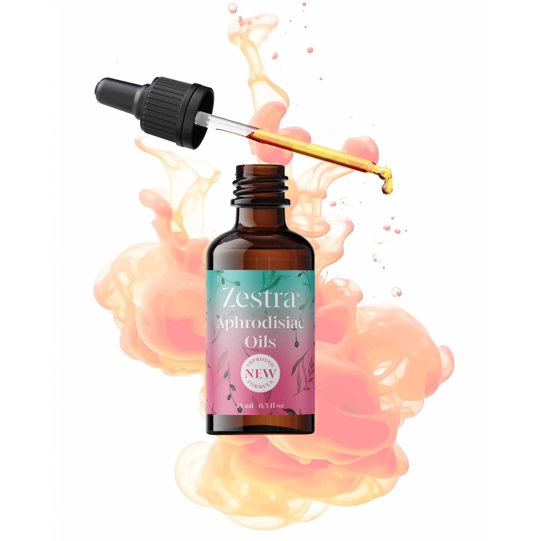 Zestra Aphrodisiac Oils in a brown glass bottle with a dropper.