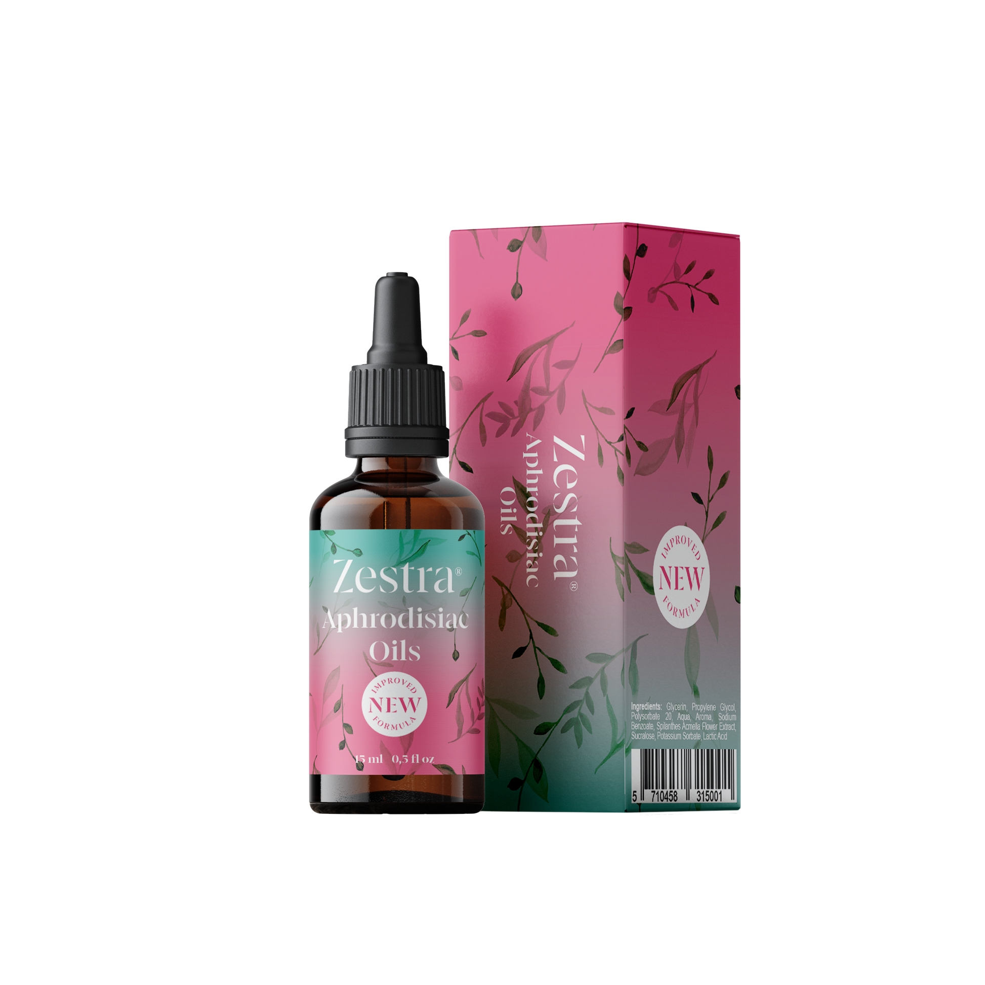 Zestra Aphrodisiac Oils bottle and box with floral design.