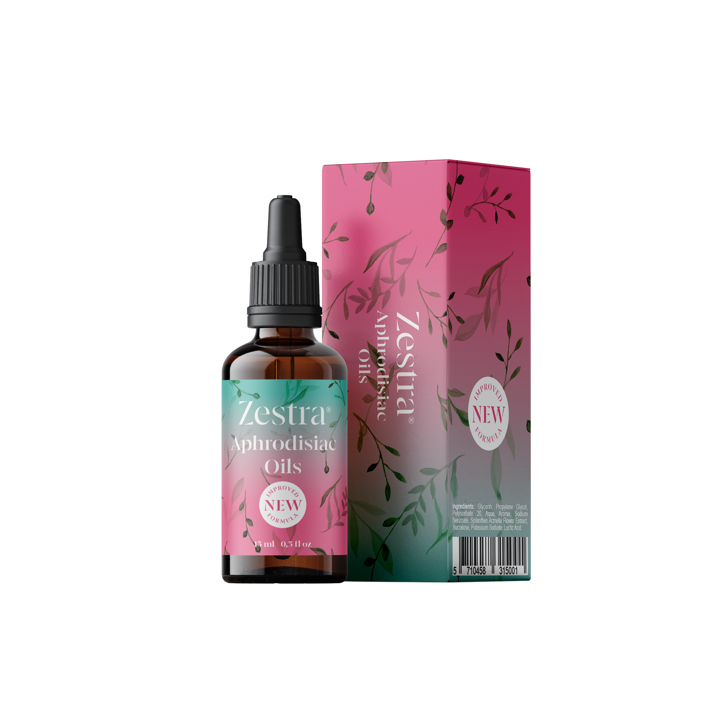 Zestra Aphrodisiac Oils bottle and box with floral design.