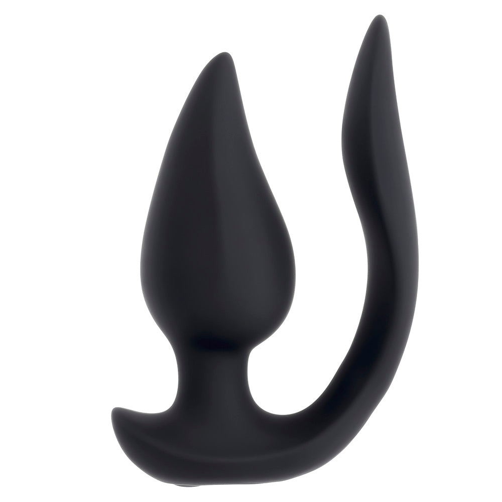 Black silicone plug with a curved handle and a teardrop-shaped insertable end.