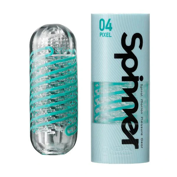 Tenga Spinner 04 Pixel reusable male masturbator with spiral texture.