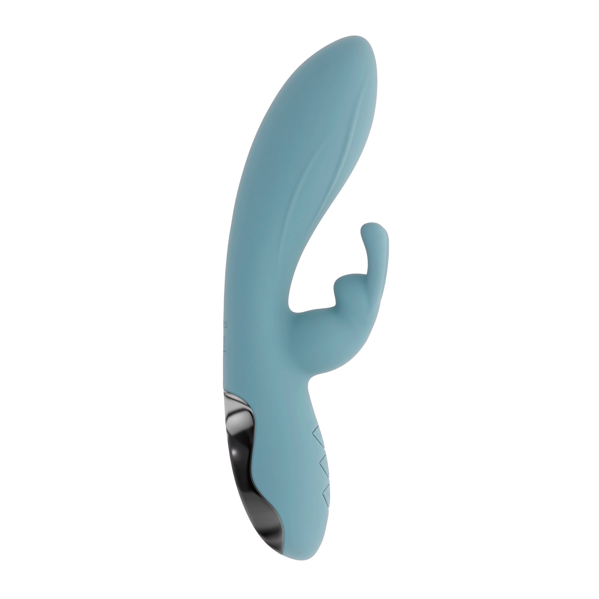 A teal silicone rabbit vibrator with a curved body and a smaller nub.