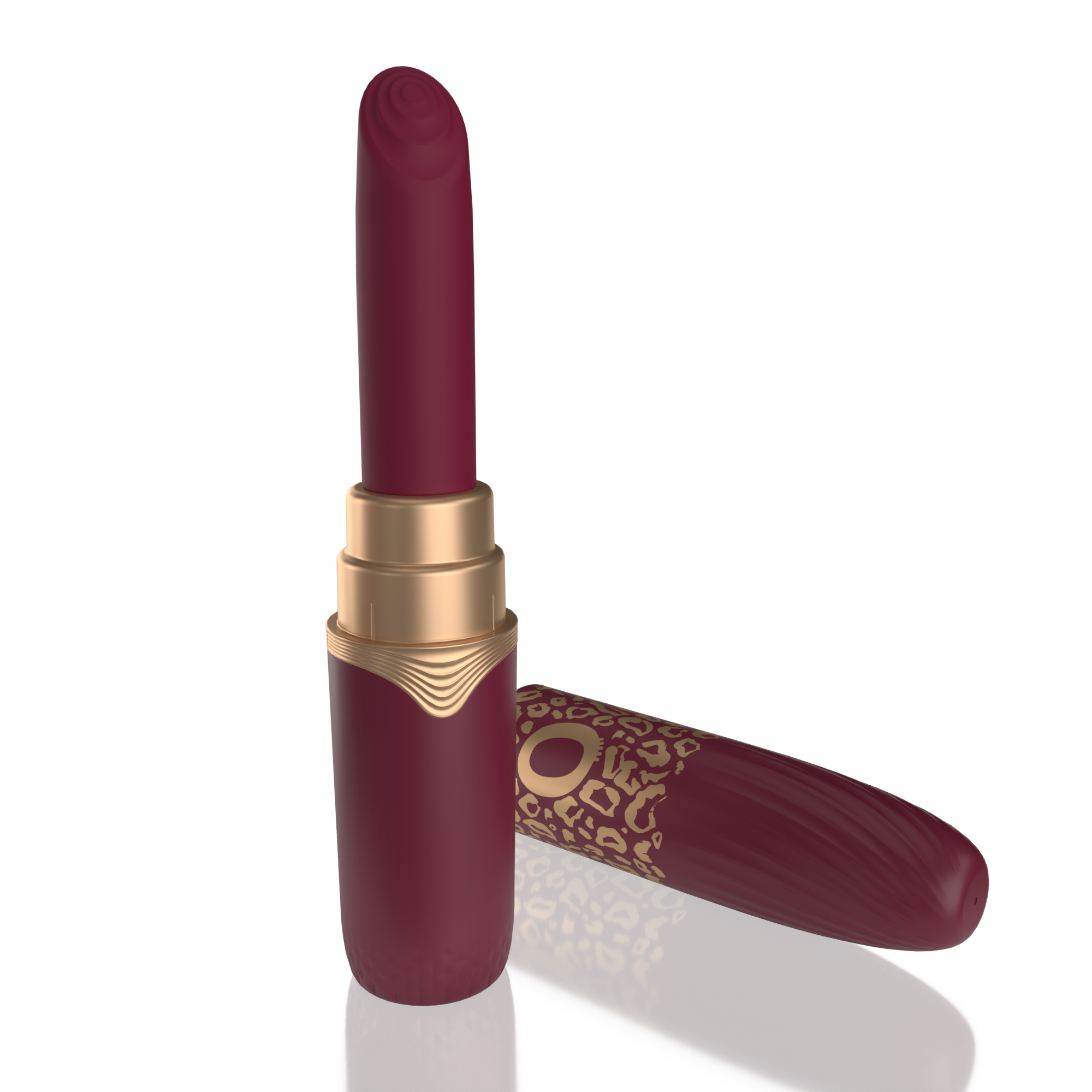 A burgundy lipstick vibrator with gold accents and a leopard print pattern.