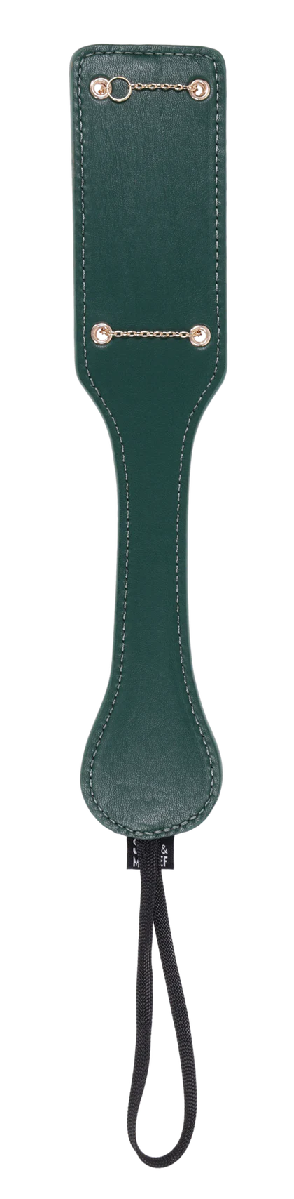 Emerald green faux leather paddle with gold chain inlay and black cord.