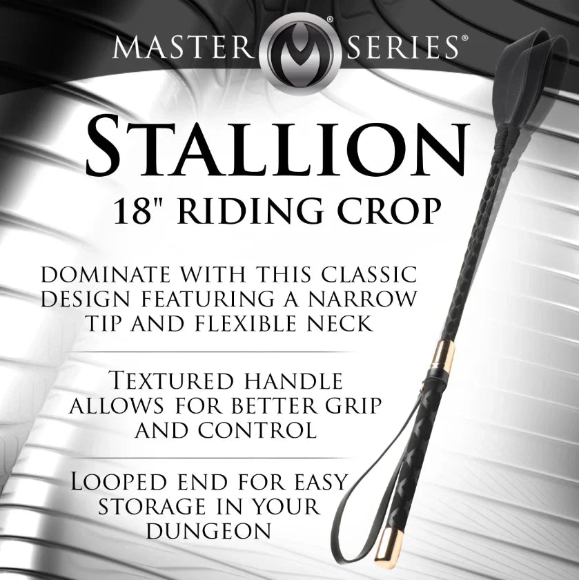 Black vegan leather riding crop with textured grip and looped end.