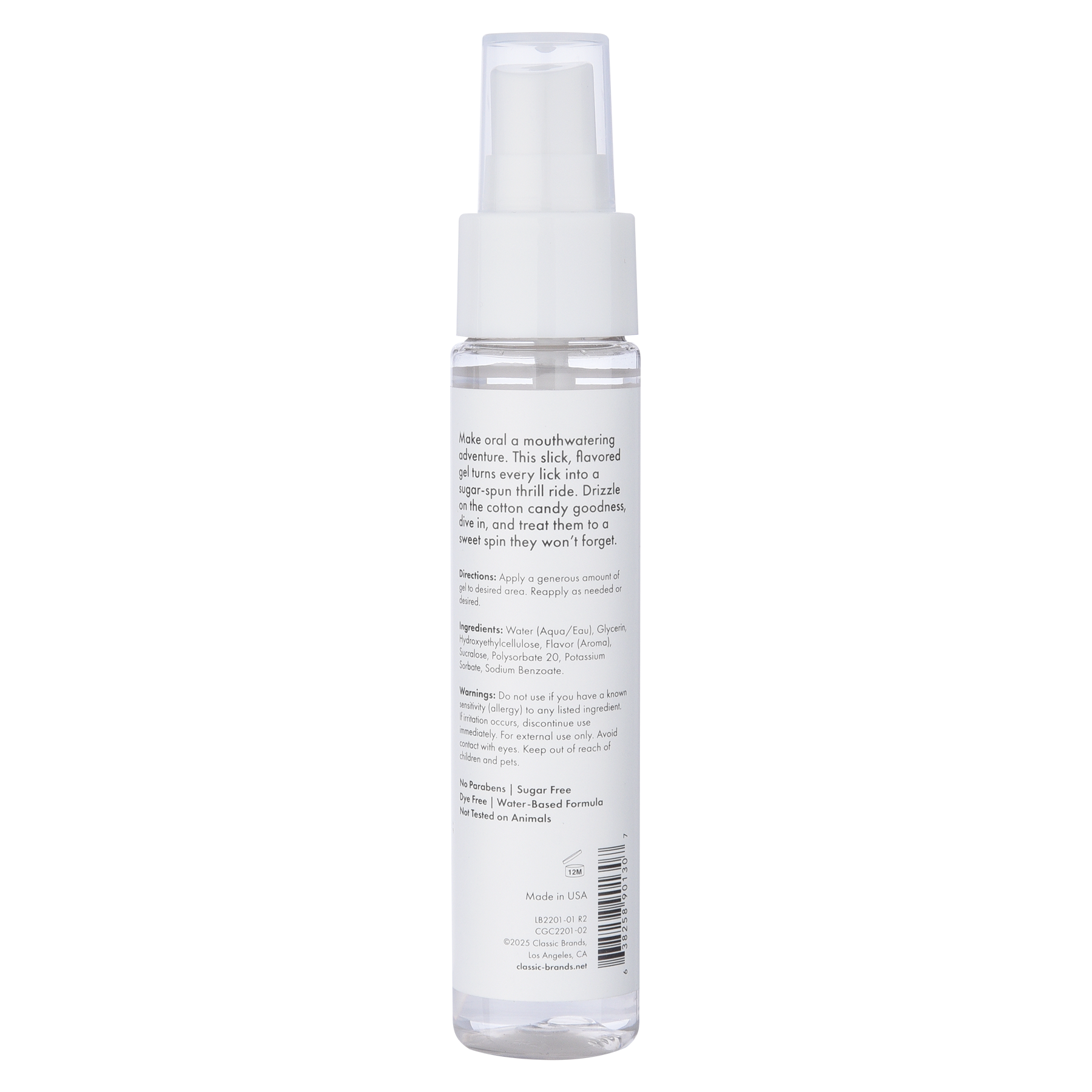 A clear bottle of Cotton Candy flavored oral sex gel with instructions and ingredients listed.