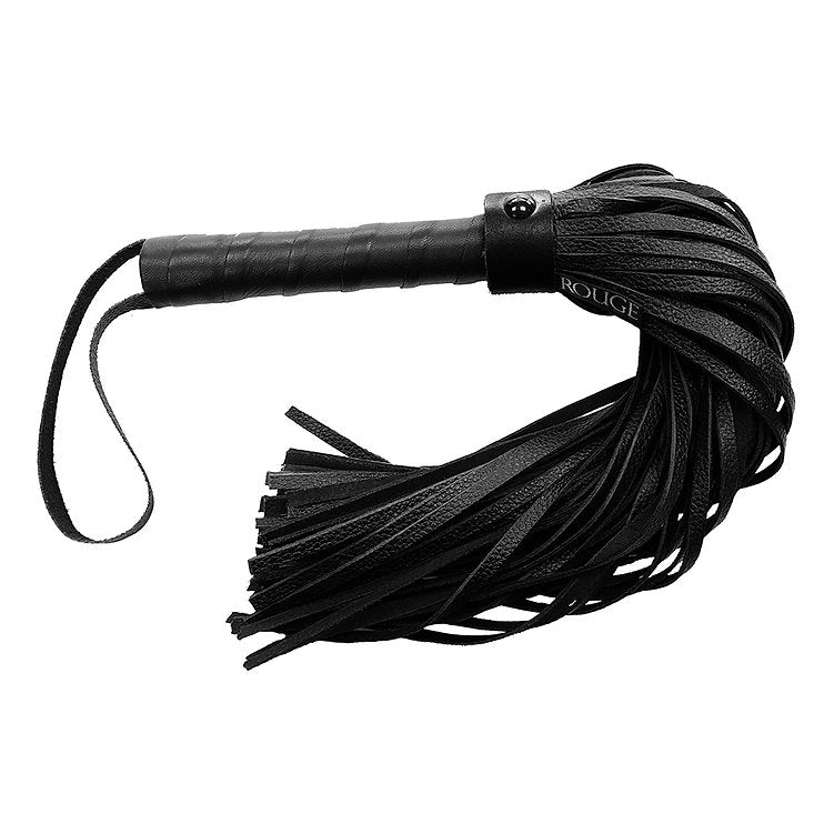 Black leather flogger with a leather handle and a loop.