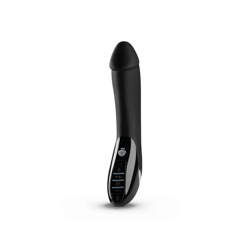 Black silicone e-stim vibrator with pelvic floor training features.