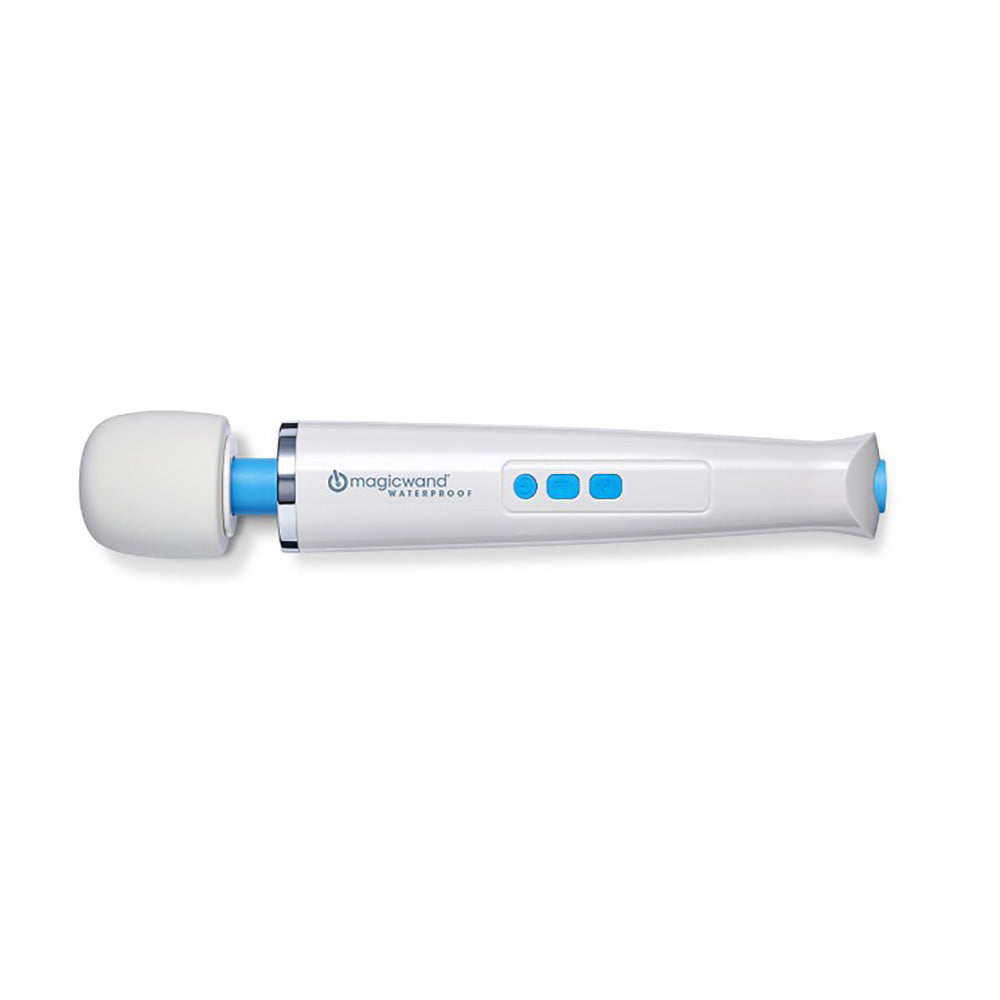 White Magic Wand waterproof rechargeable massager with blue accents.