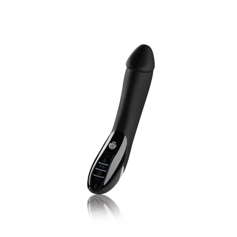 Black silicone e-stim vibrator with pelvic floor training features.