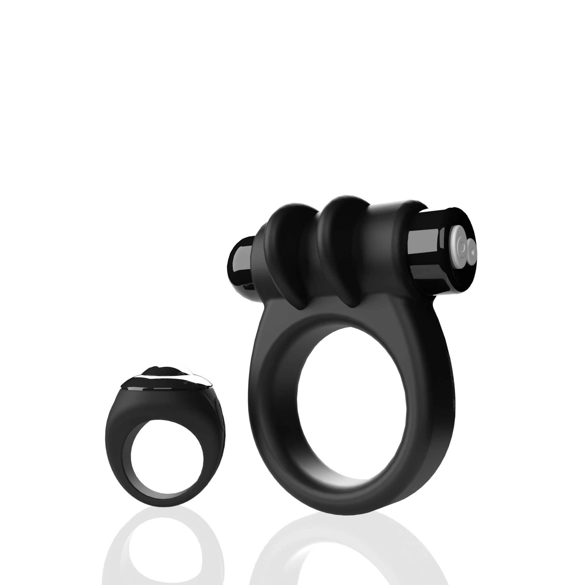 Black vibrating cock ring with a remote control and a smaller ring.