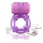 Purple rechargeable vibrating cock ring with USB charging cable.