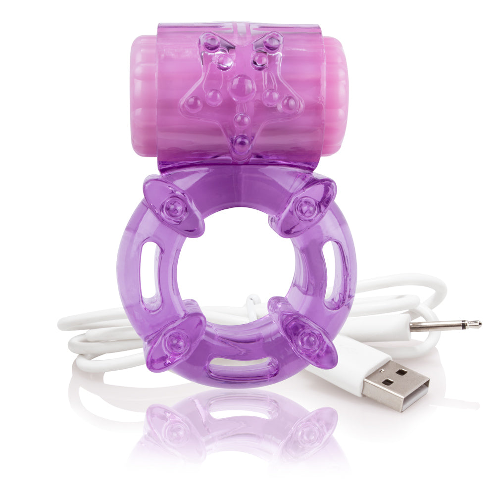 Purple rechargeable vibrating cock ring with USB charging cable.