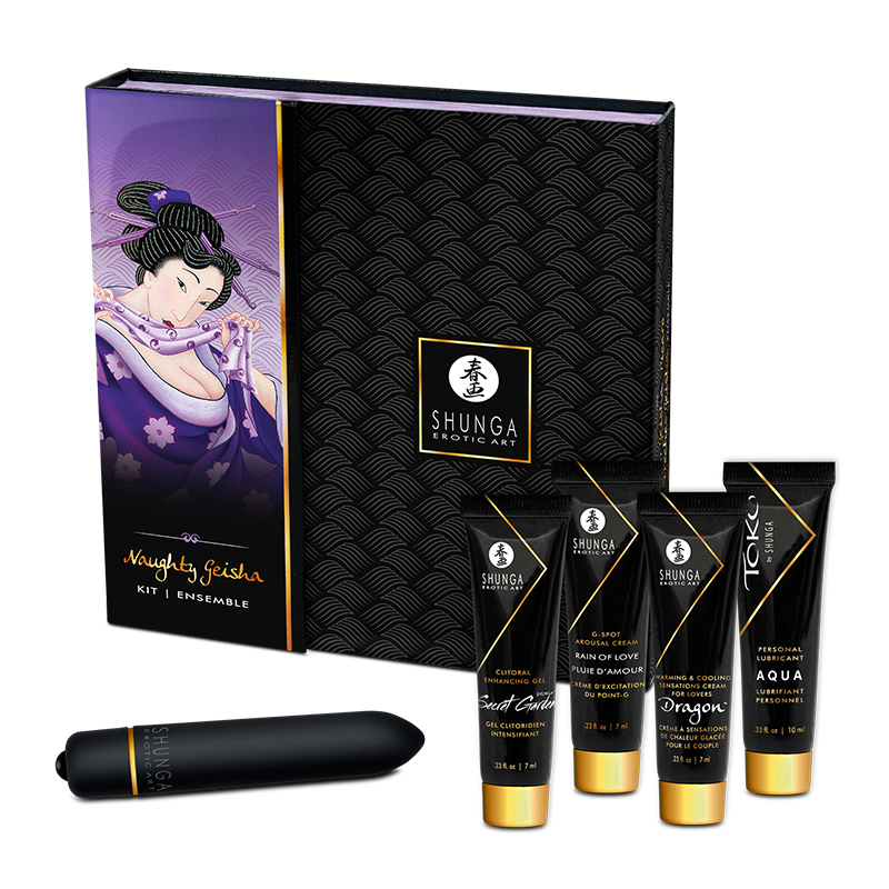 Naughty Geisha 5-piece sensual gift set with bullet vibrator and lubricants.