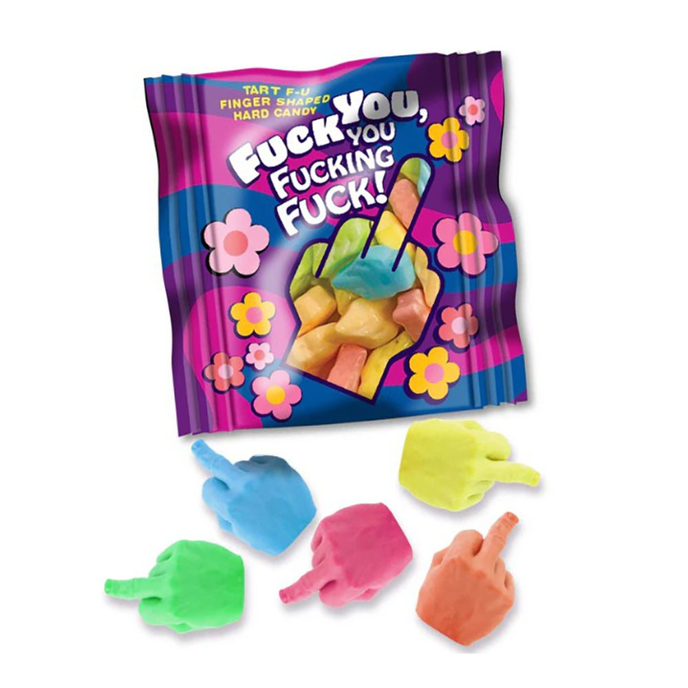 Bag of finger-shaped candies with a vulgar message and scattered candies.