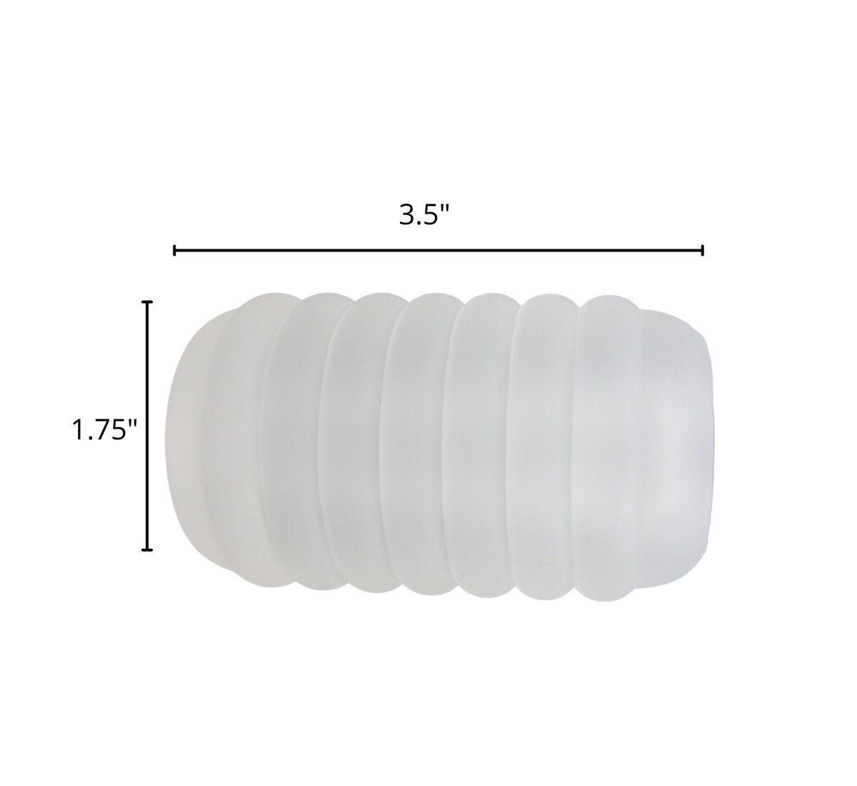 Frosted ribbed masturbator measuring 3.5 inches long and 1.75 inches wide.