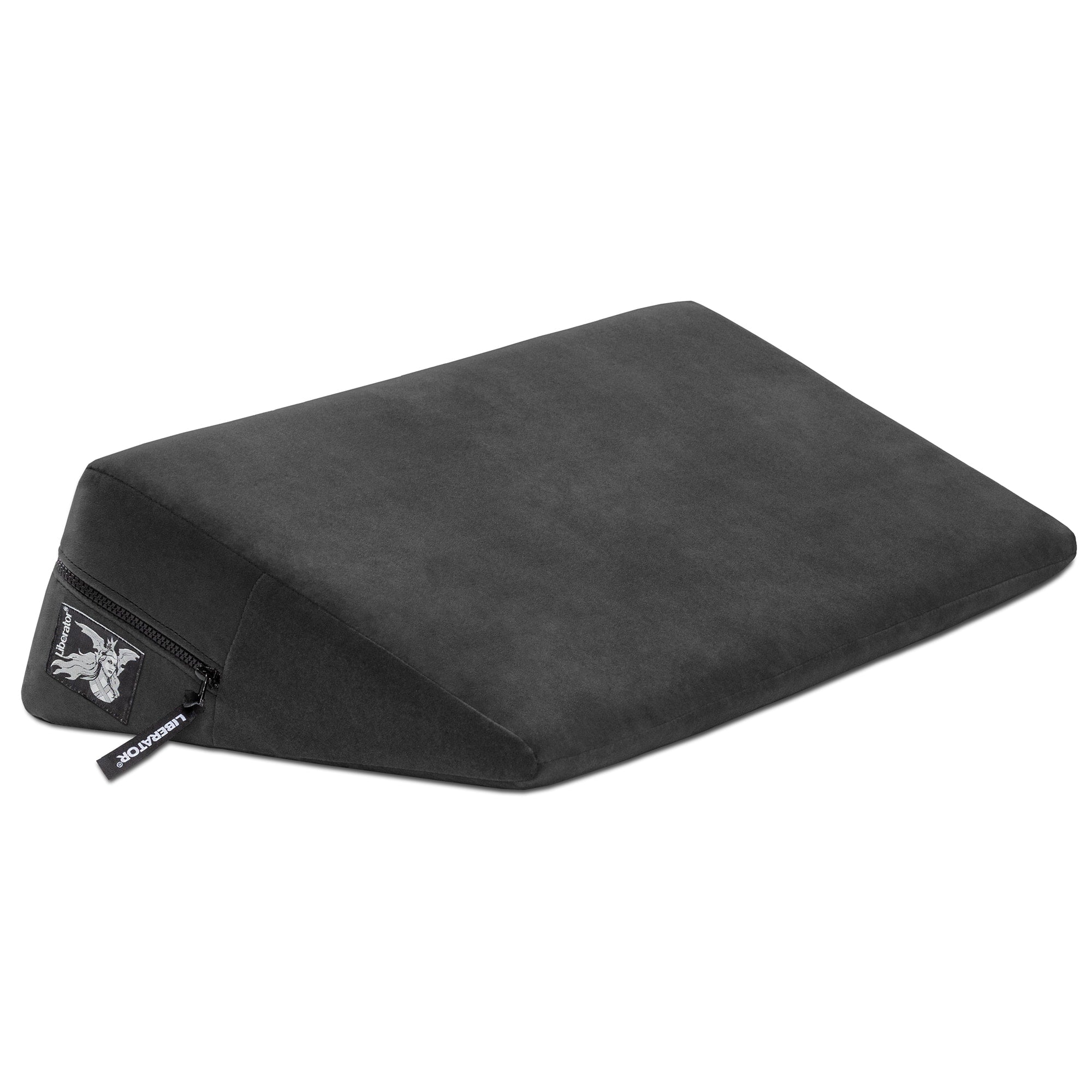 Black velvet wedge positioning pillow with Liberator logo.