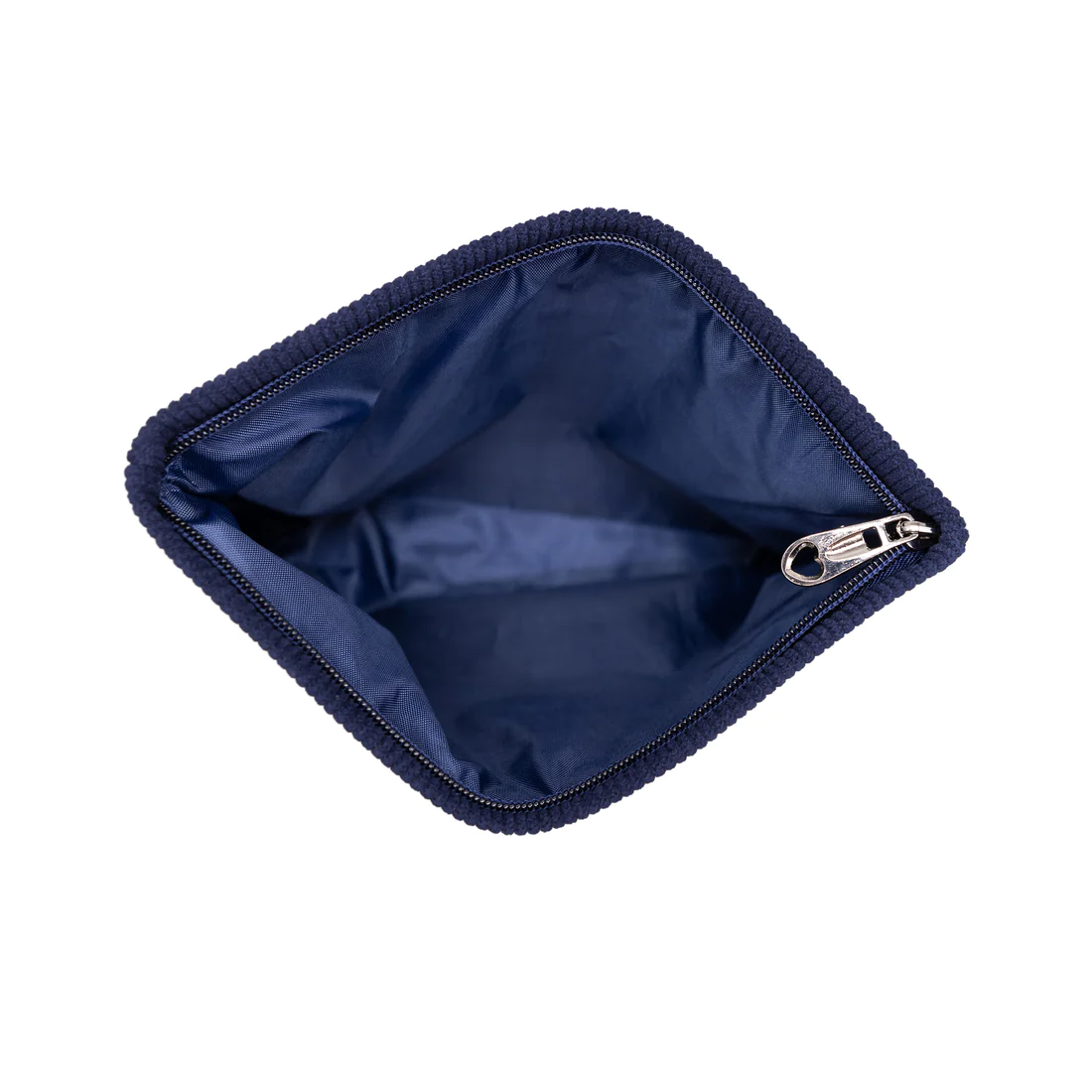 Midnight blue corduroy travel pouch with zipper closure.