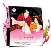Shunga Lovebath Dragon Fruit Jelly Bath Gel with two figures in a pink bath.
