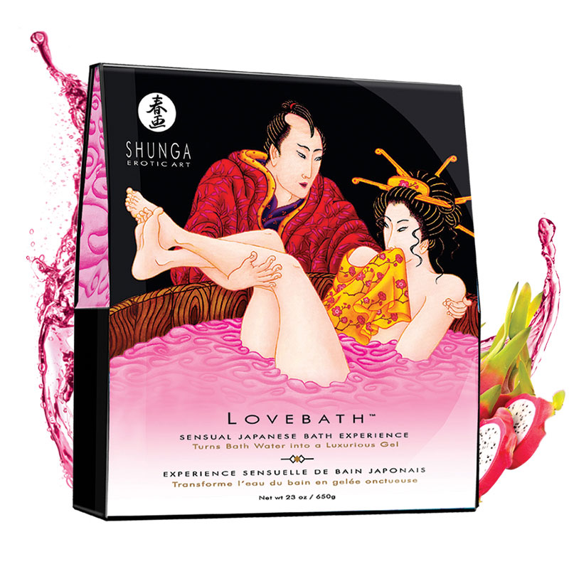 Shunga Lovebath Dragon Fruit Jelly Bath Gel with two figures in a pink bath.