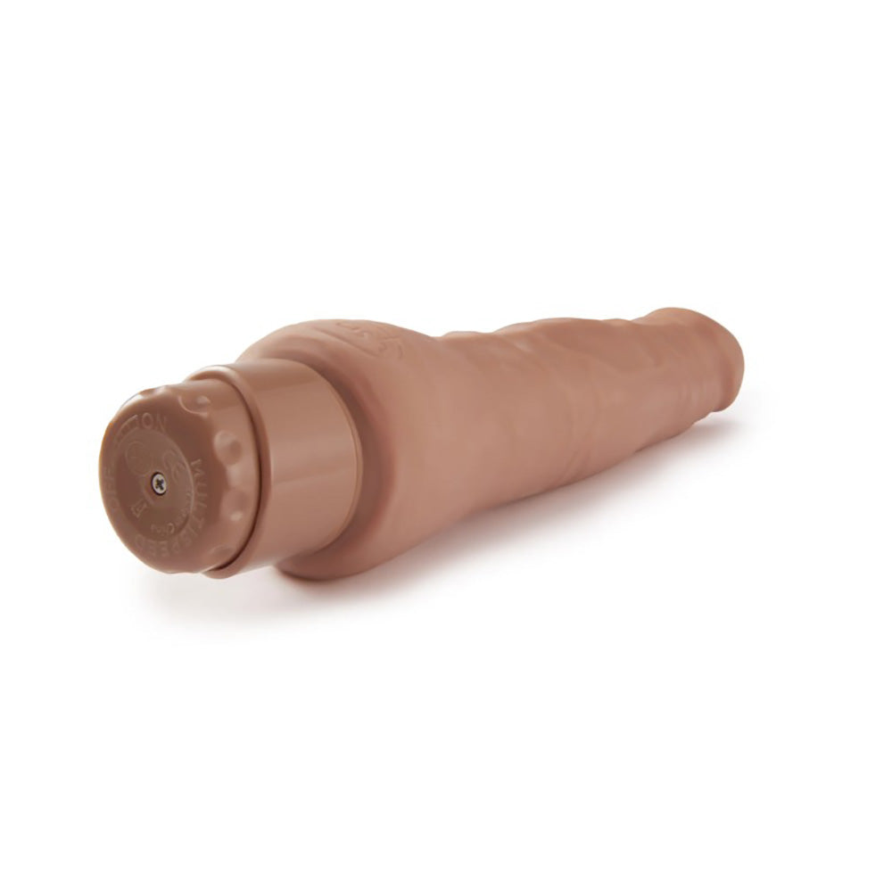 A 10-inch blush silicone vibrating dildo with dual density and veiny shaft.