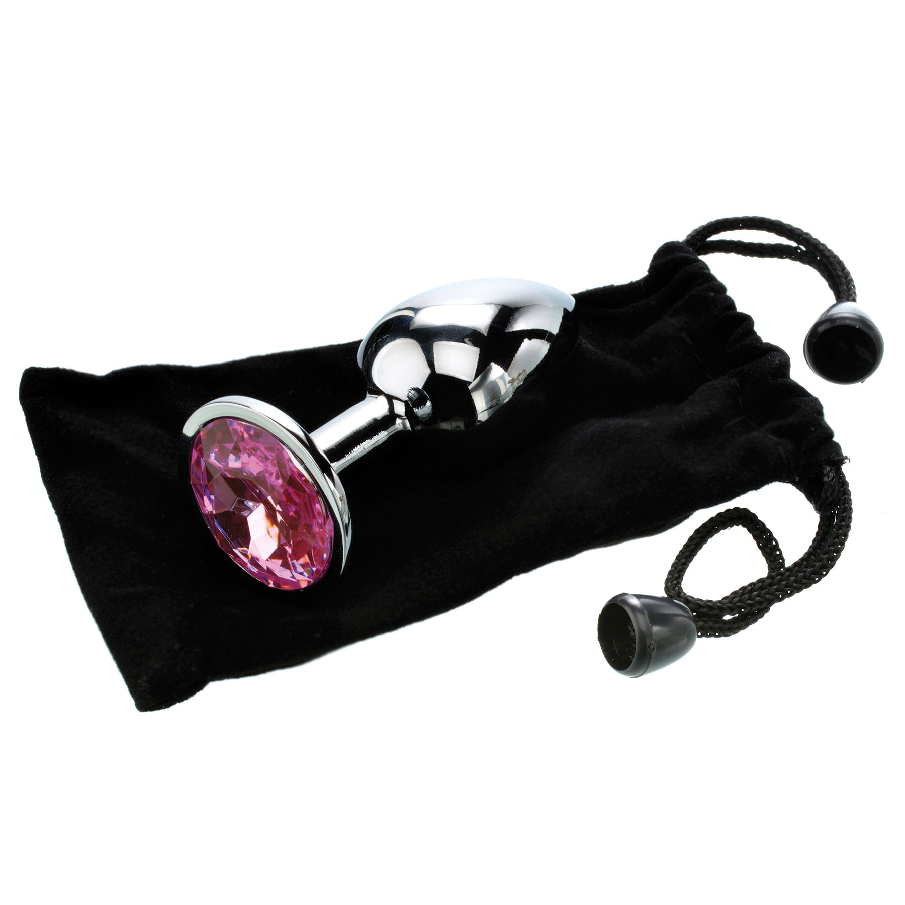Small aluminum anal plug with a pink gem and a black velvet bag.