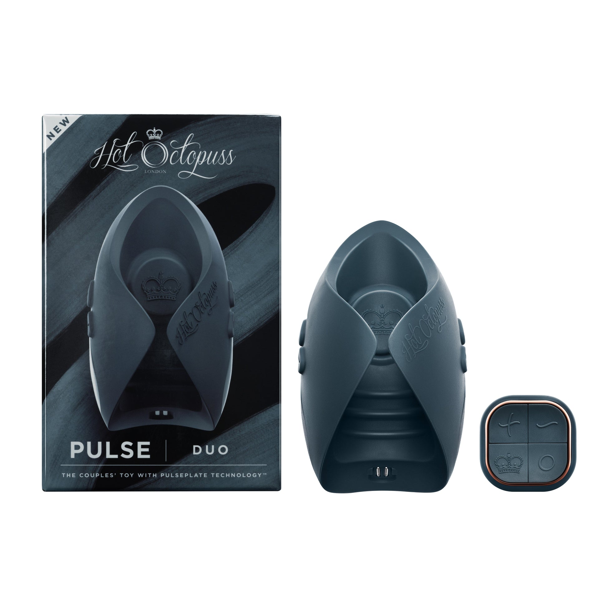 A dark grey Pulse Duo couples vibrator with a remote control.
