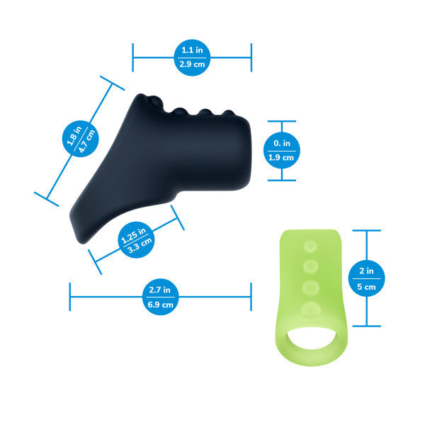 Two silicone cocksling pieces, one black and one glow-in-the-dark green, with measurement indicators.