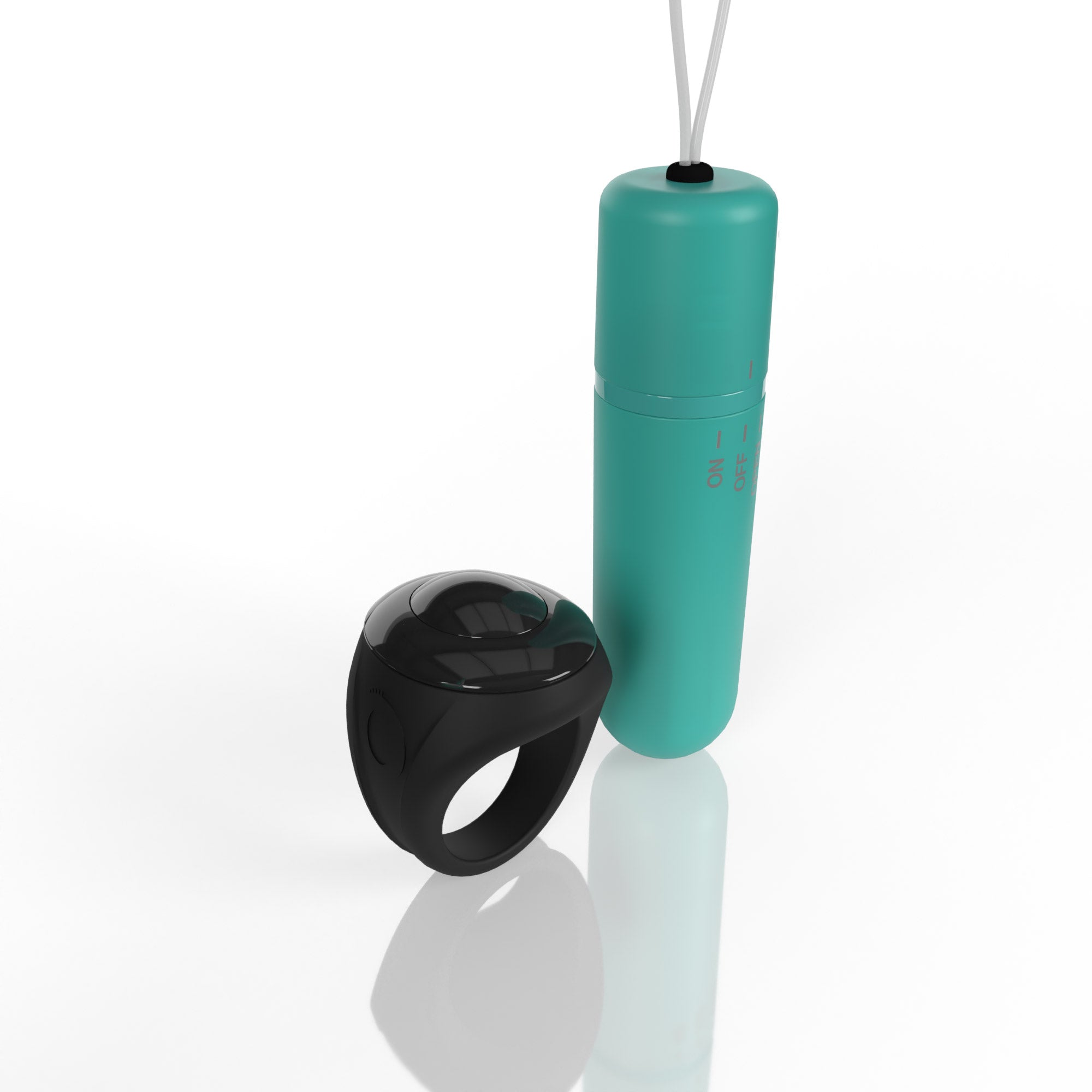A black ring and a teal bullet vibrator with a remote control.