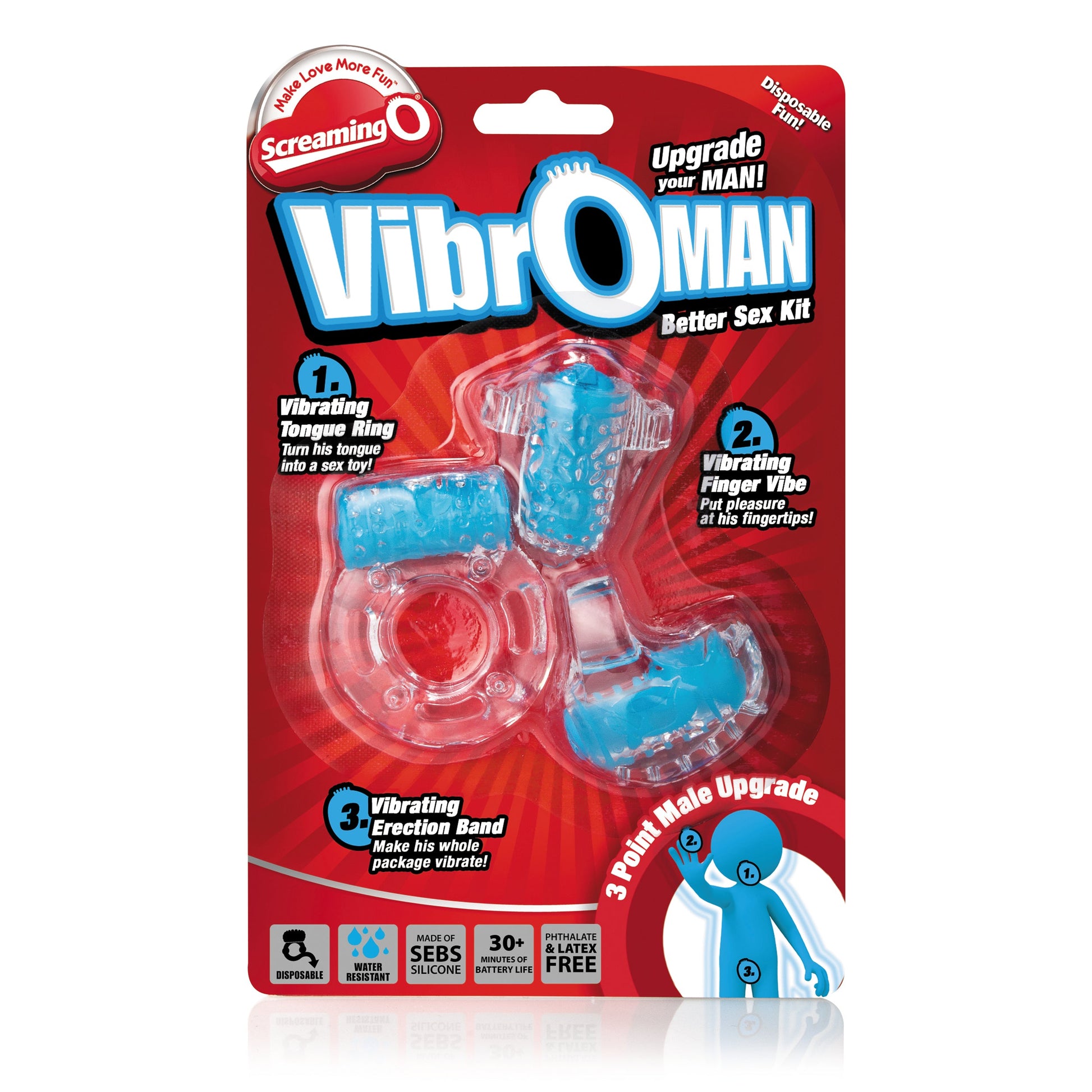 Blue vibrating male pleasure starter kit with three attachments.