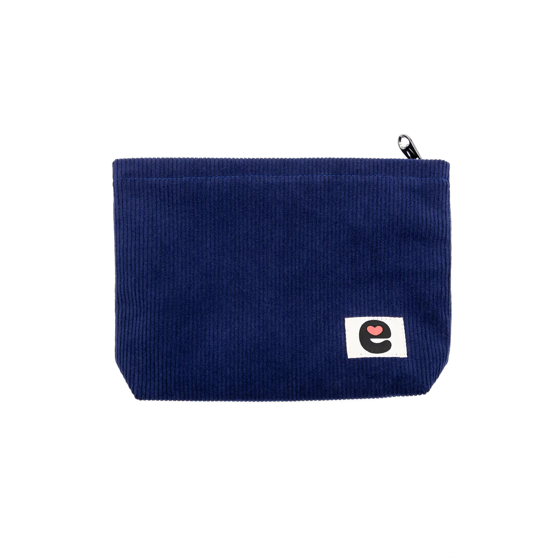 Midnight blue corduroy travel pouch with a small white patch featuring a black "e" and a pink heart.