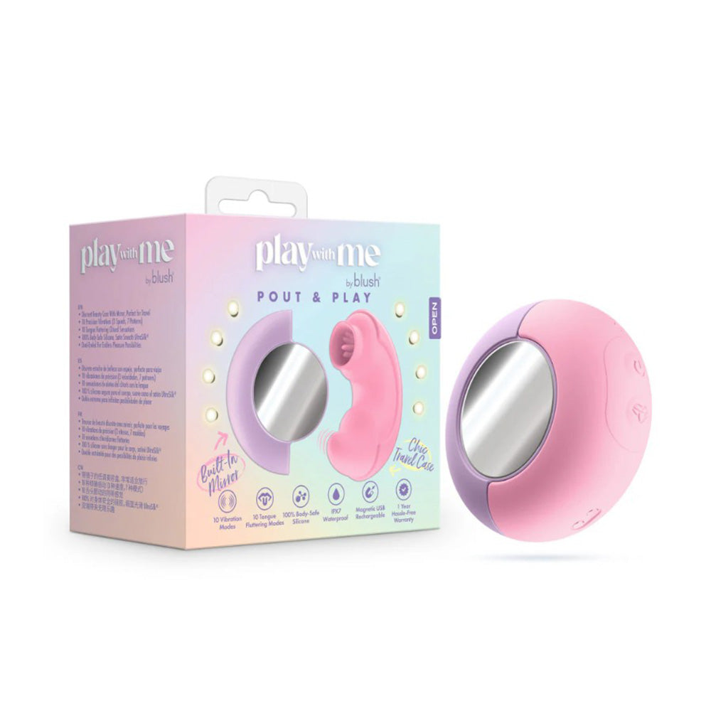 Pink and purple dual-ended vibrator with a mirror on a box.