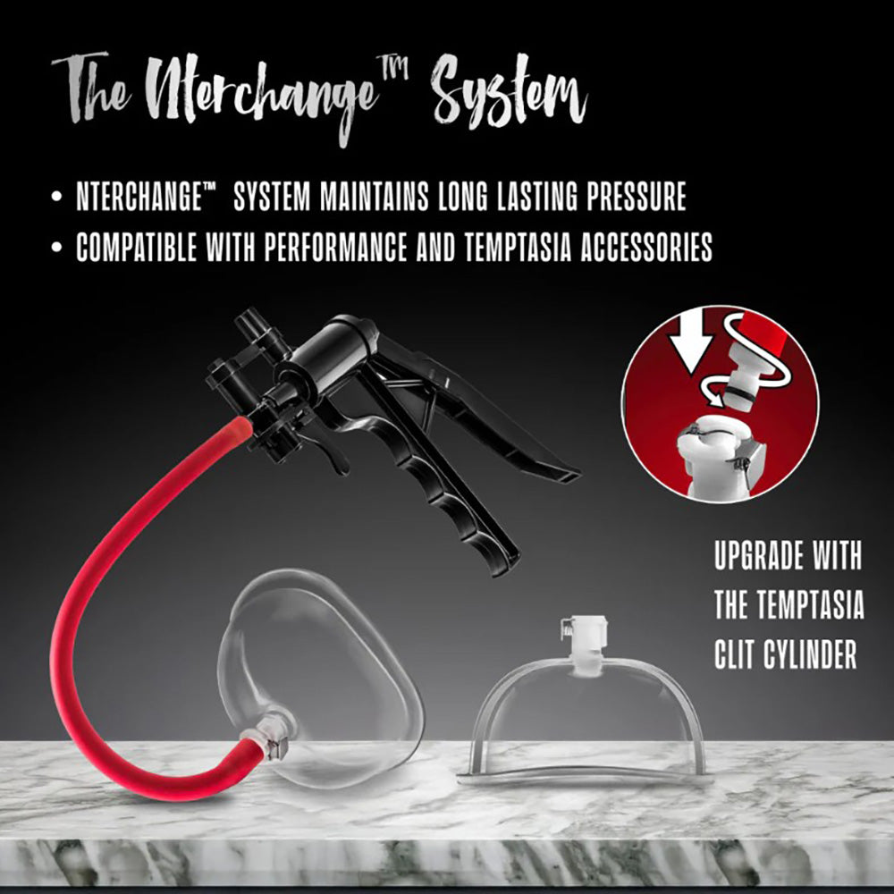 Advanced vulva pump system with a red hose and two clear suction cups.