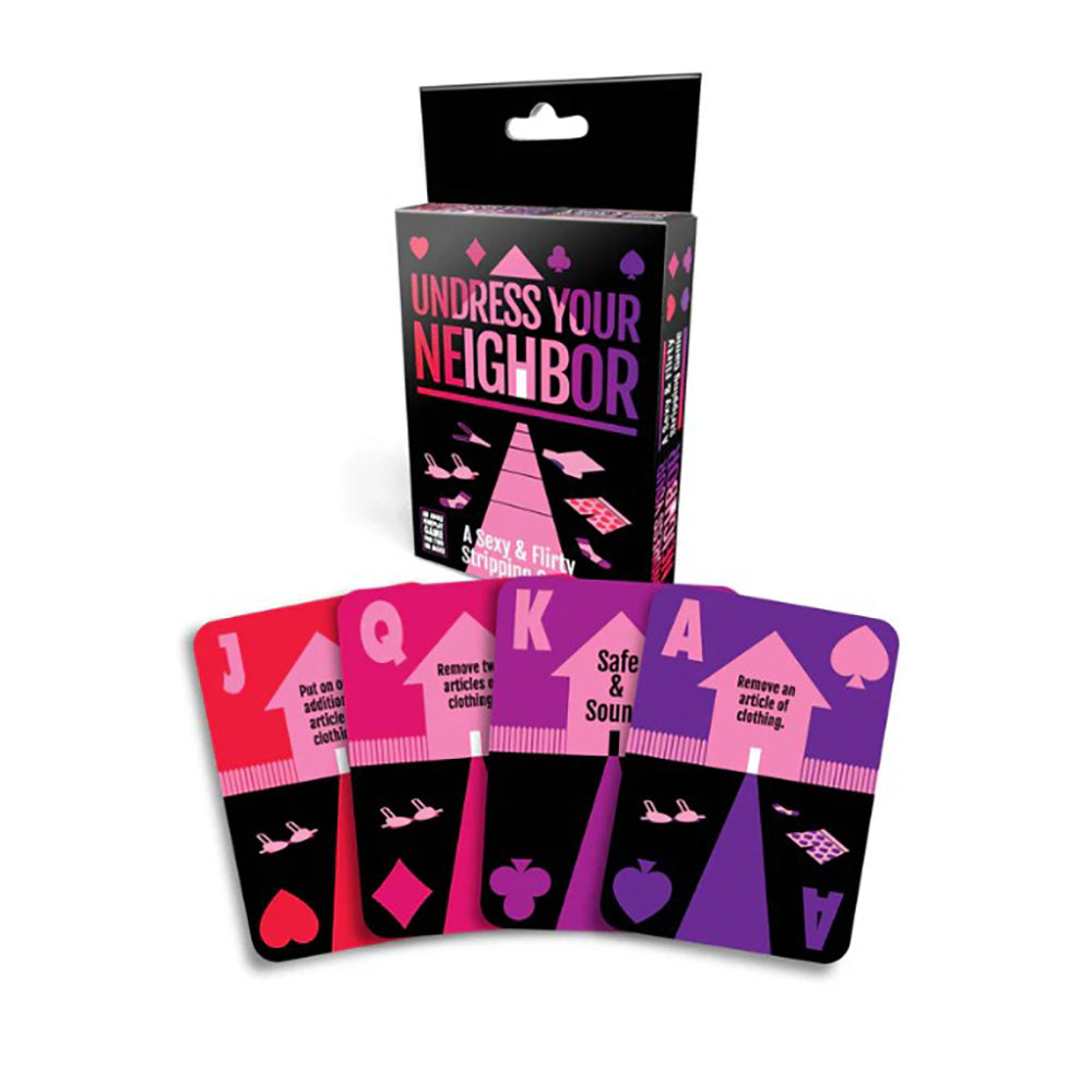 Undress Your Neighbor card game with a box and four cards showing game instructions.