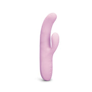 A pink silicone vibrator with a curved shaft and a smaller nub.