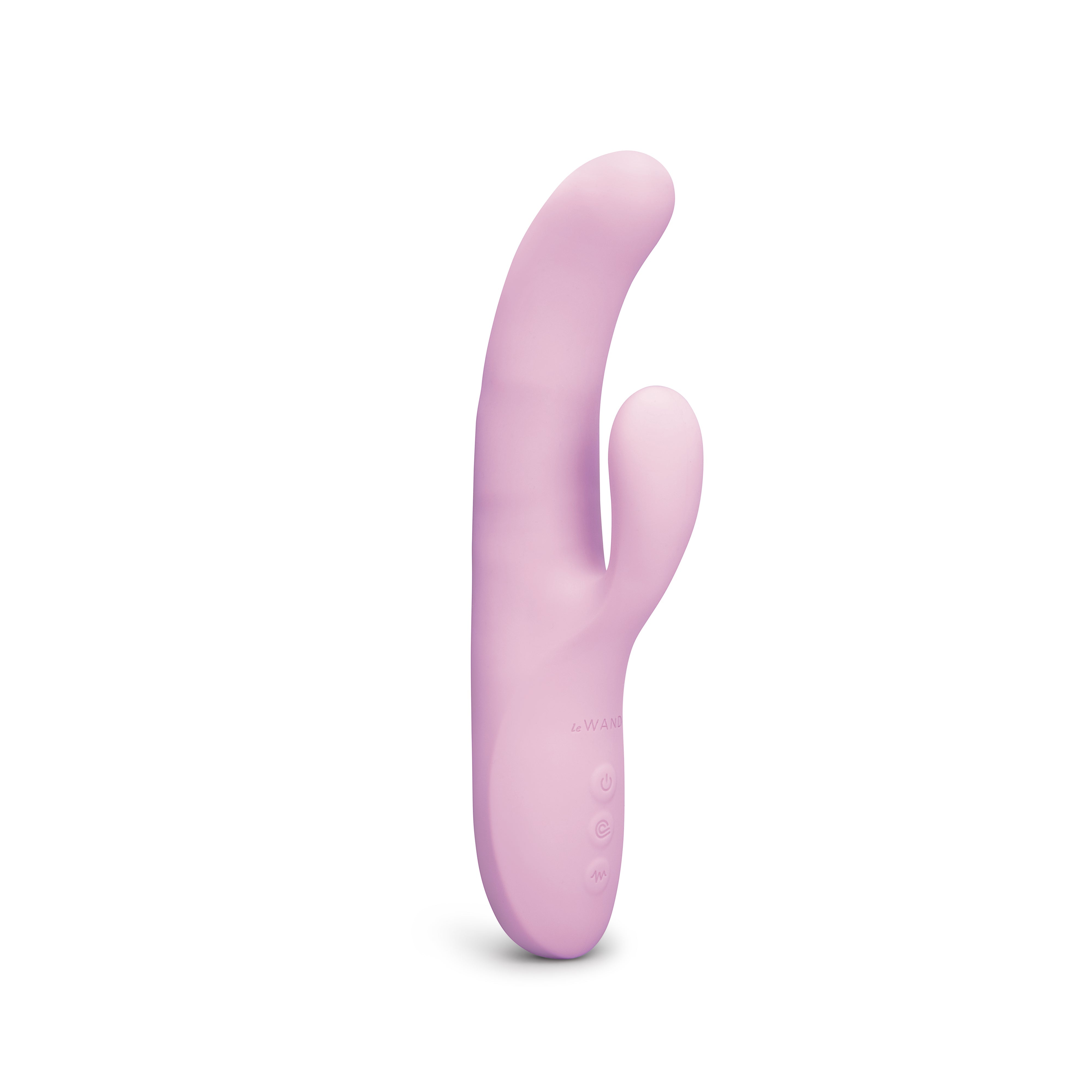 A pink silicone vibrator with a curved shaft and a smaller nub.