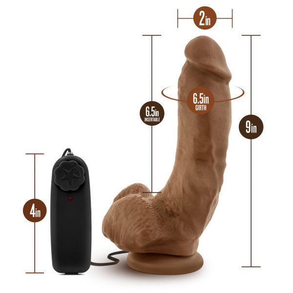 9-inch realistic vibrating dildo with suction cup base and wired remote control, shown with dimensions.
