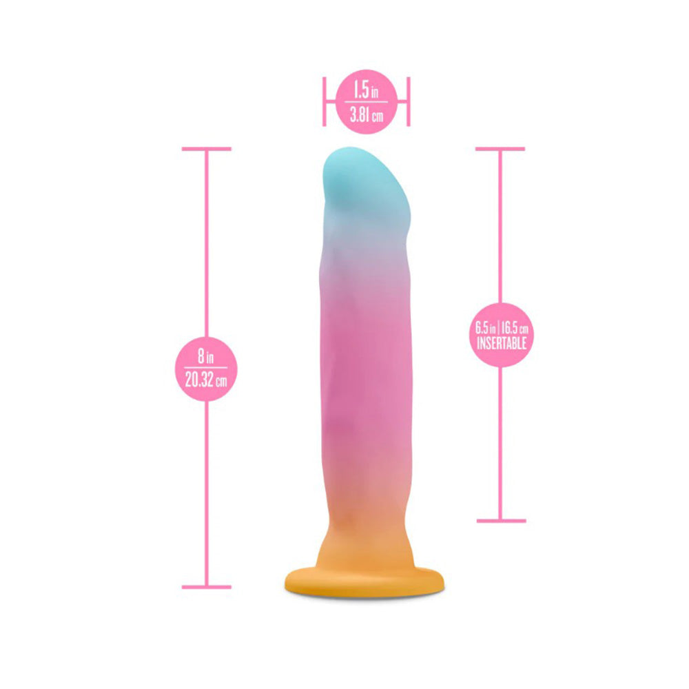 Gradient silicone G-spot and P-spot stimulator with measurements, 8 inches long and 1.5 inches wide.