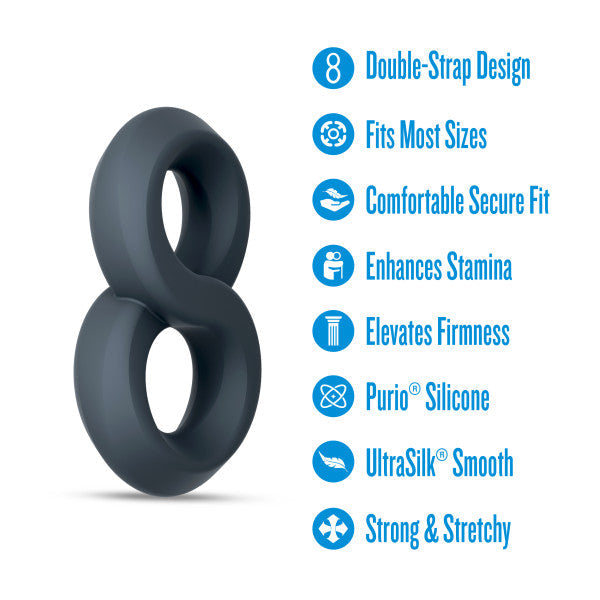 A dark gray, figure-8 shaped silicone cock ring with text listing its features.