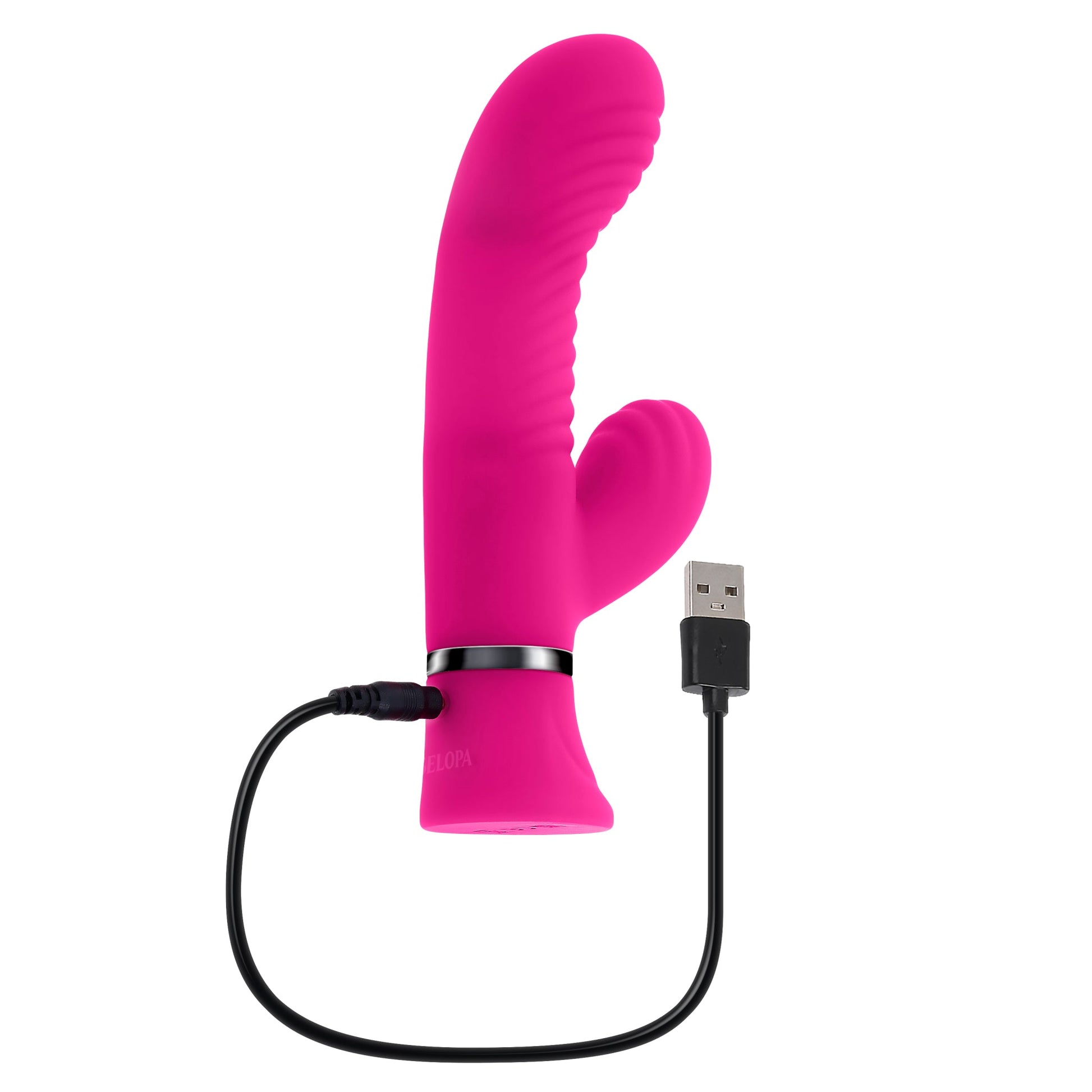 Pink dual silicone vibrator with USB charging cable.