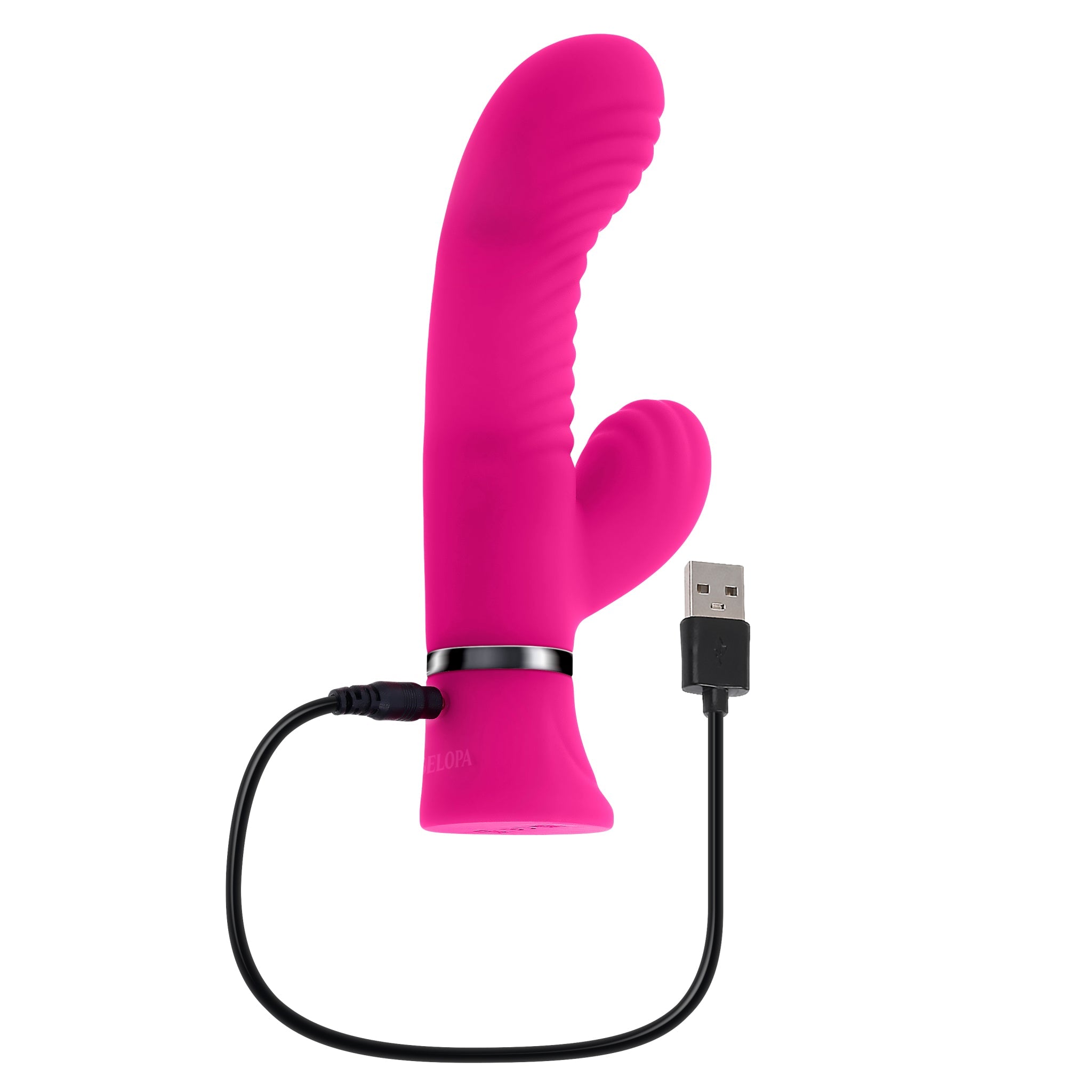 Pink dual silicone vibrator with USB charging cable.