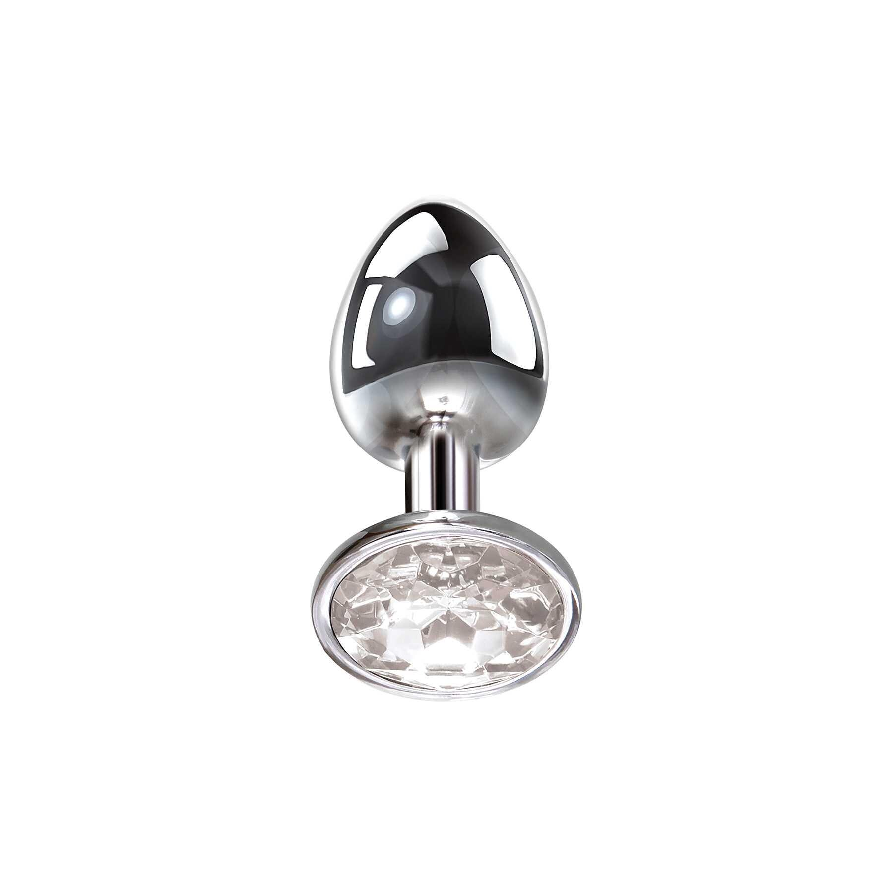 Small aluminum anal plug with a clear gem accent.