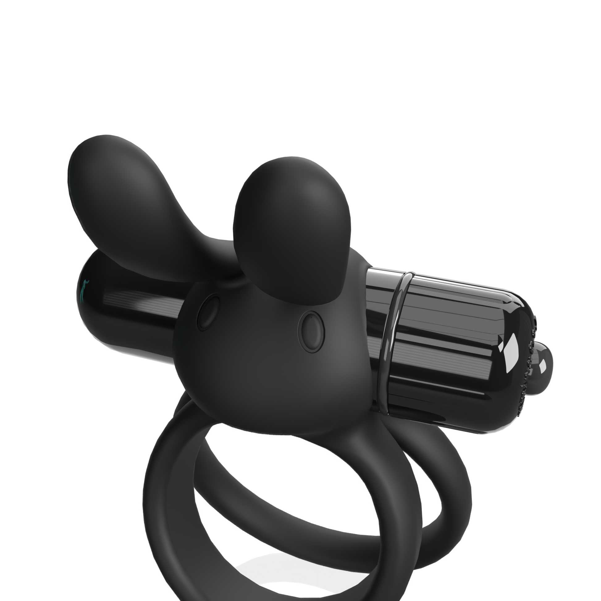 Black silicone rabbit cock ring with ribbed texture and two ear-like protrusions.