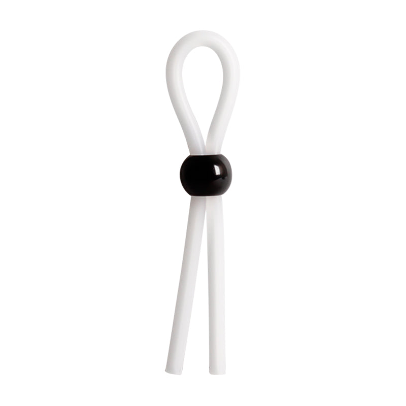 White silicone lasso cock ring with an adjustable black bead locker.