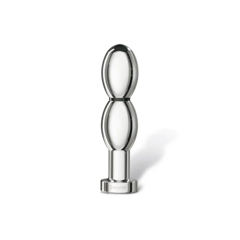 Aluminum E-Stim dildo with a double oval shape and a flat base.