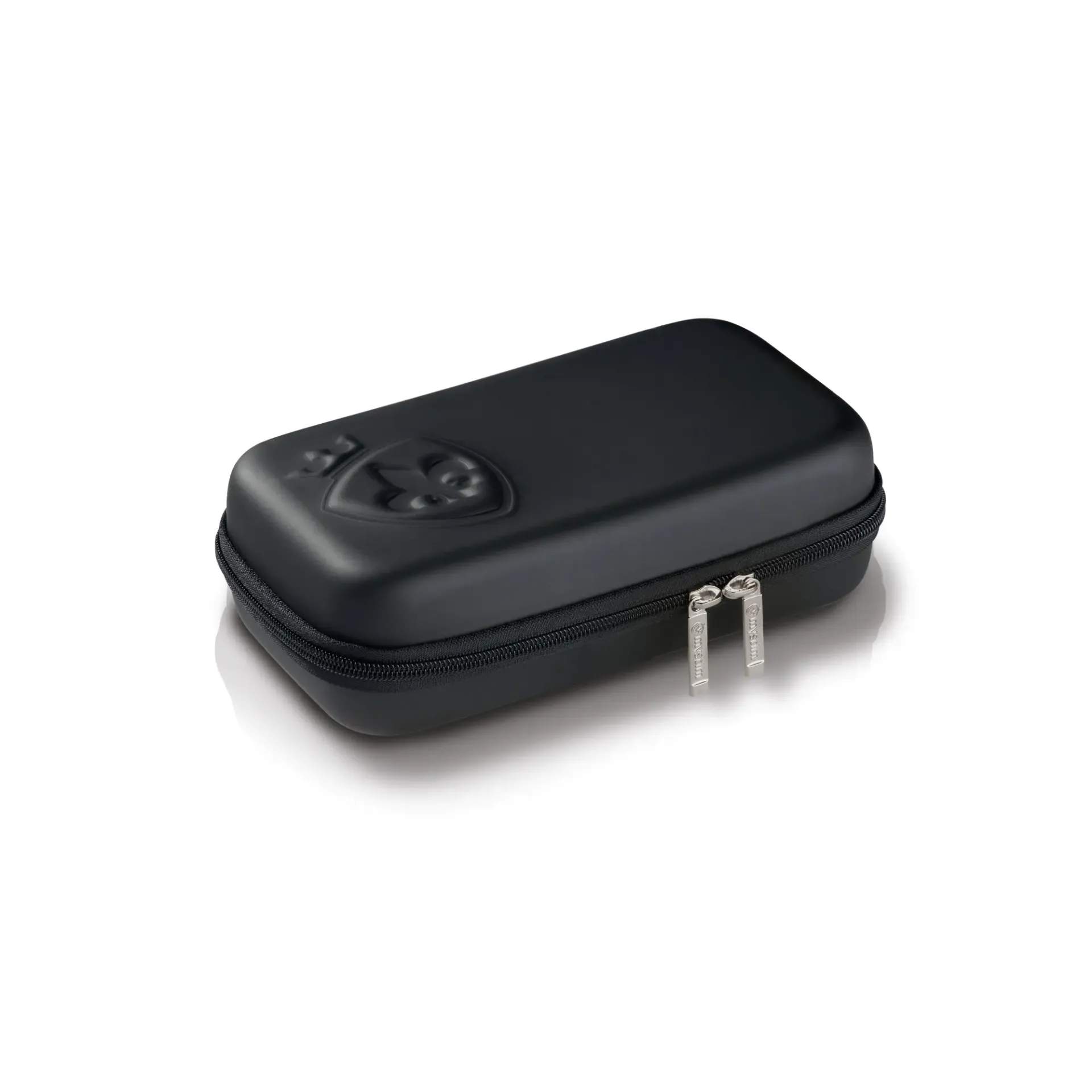 Black hard case with embossed logo and dual zipper closure.