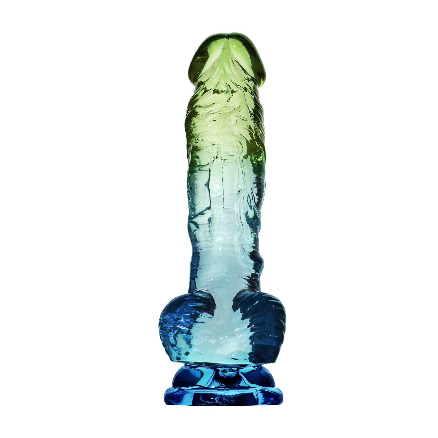 8.5-inch realistic TPE dildo with suction cup base in green-to-blue gradient.