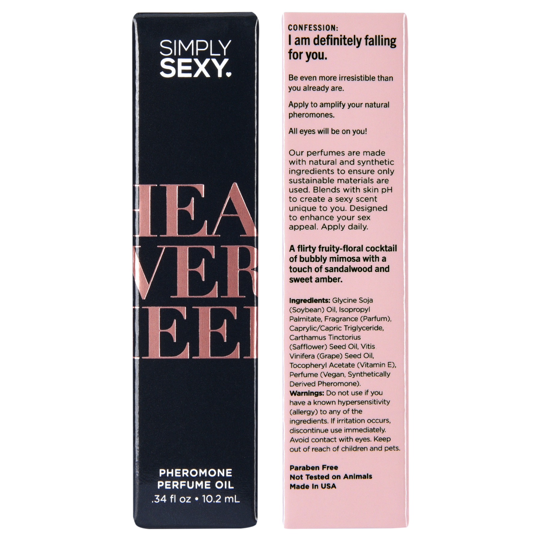 Simply Sexy Pheromone Perfume Oil with "Heavenly" text.