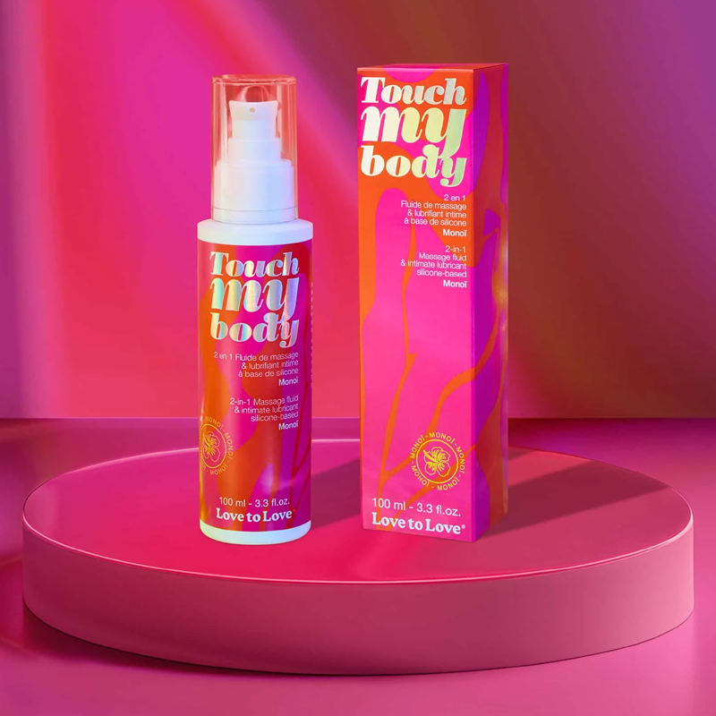 A bottle and box of Love to Love Tahitian Gardenia 2-in-1 massage and lubricant.